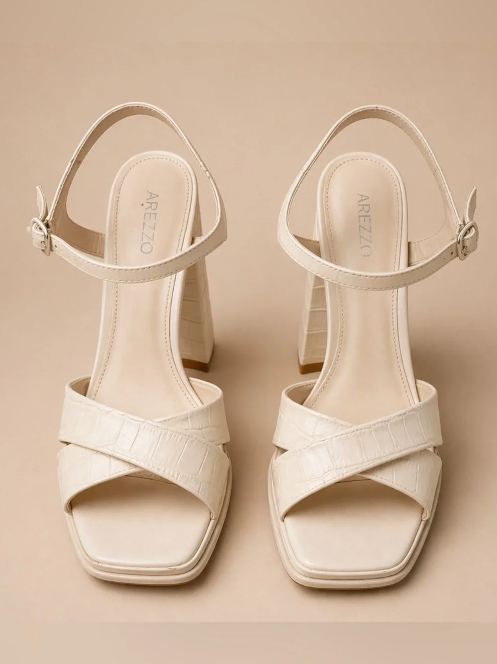 Arezzo Croc Embossed Platform Block Heel Sandals Nude US 9